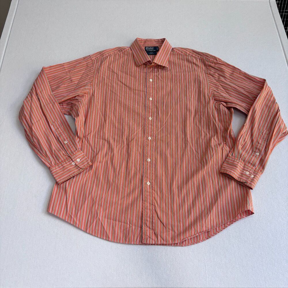 Ralph Lauren Cotton Button Down Shirt Mens 18 XL Orange Blue Striped *READ*